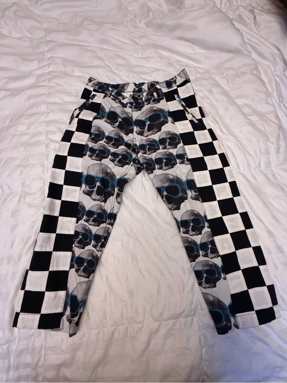 Comme des Garcons Black & White Checkerboard Skull Jeans with Blue Accents